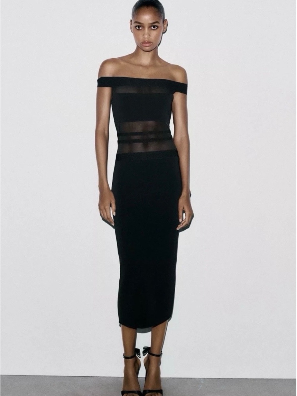 Zara Black Stretch Midi Combination Dress Size Small NWT